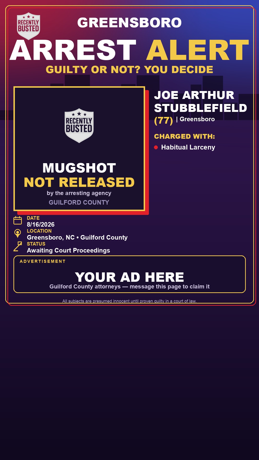Arrest report - JOE ARTHUR STUBBLEFIELD