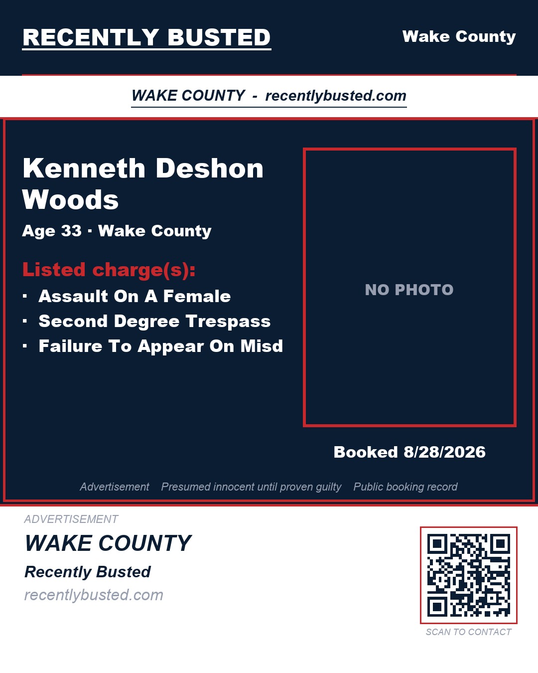 KENNETH DESHON WOODS — arrest record card, Wake County, North Carolina