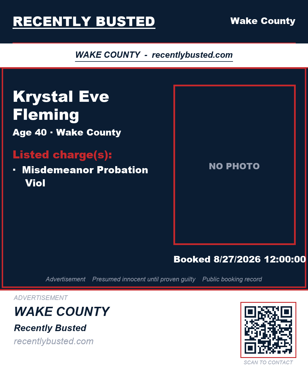 KRYSTAL EVE FLEMING — arrest record card, Wake County, North Carolina