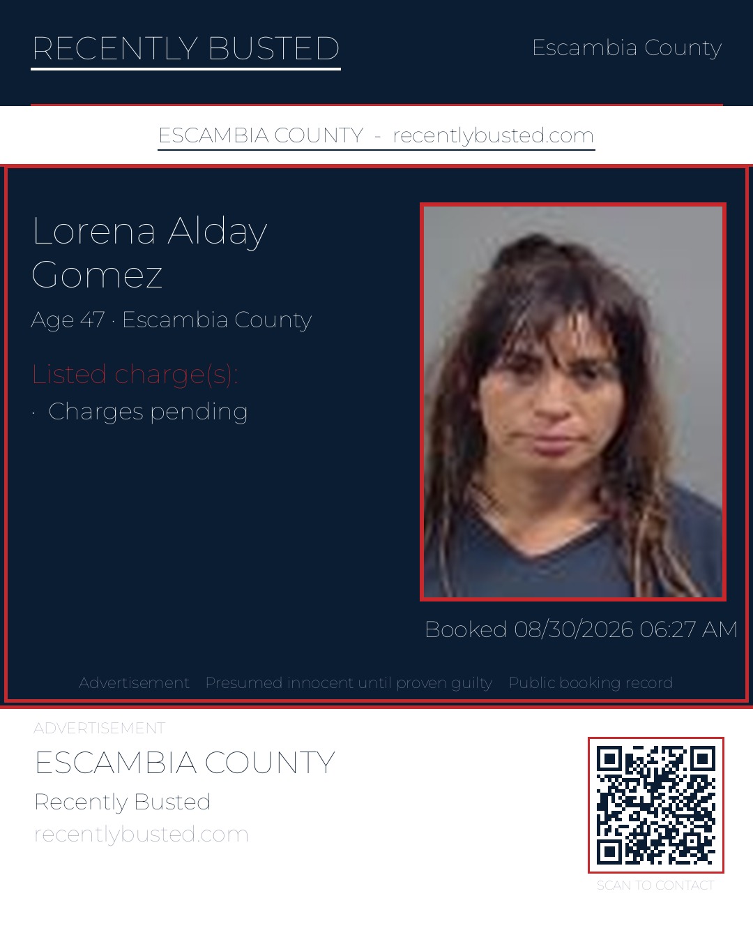 Lorena Alday Gomez — arrest record card, Escambia County, Florida