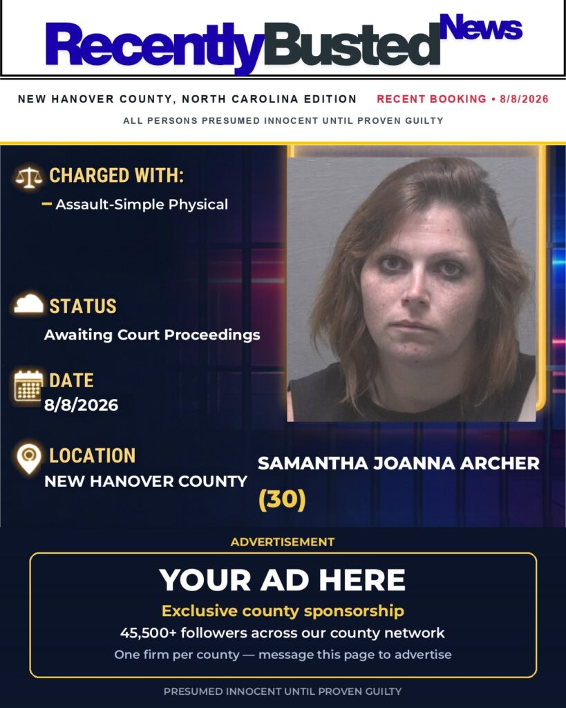 SAMANTHA JOANNA ARCHER — arrest record card, New Hanover County