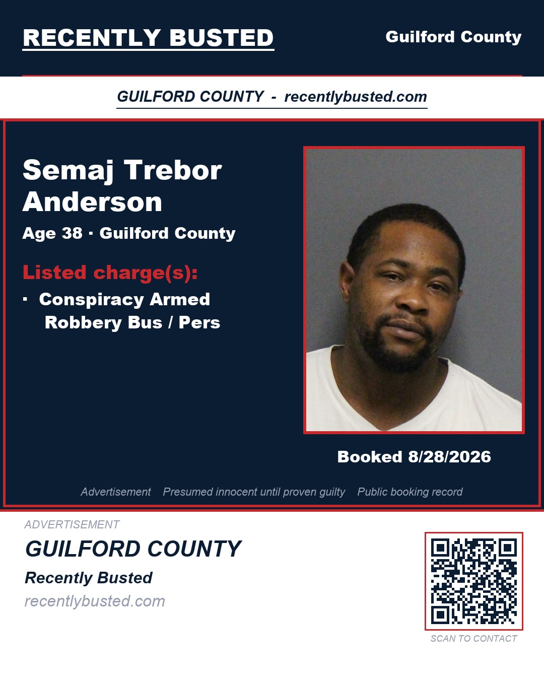 SEMAJ TREBOR ANDERSON — arrest record card, Guilford County, North Carolina