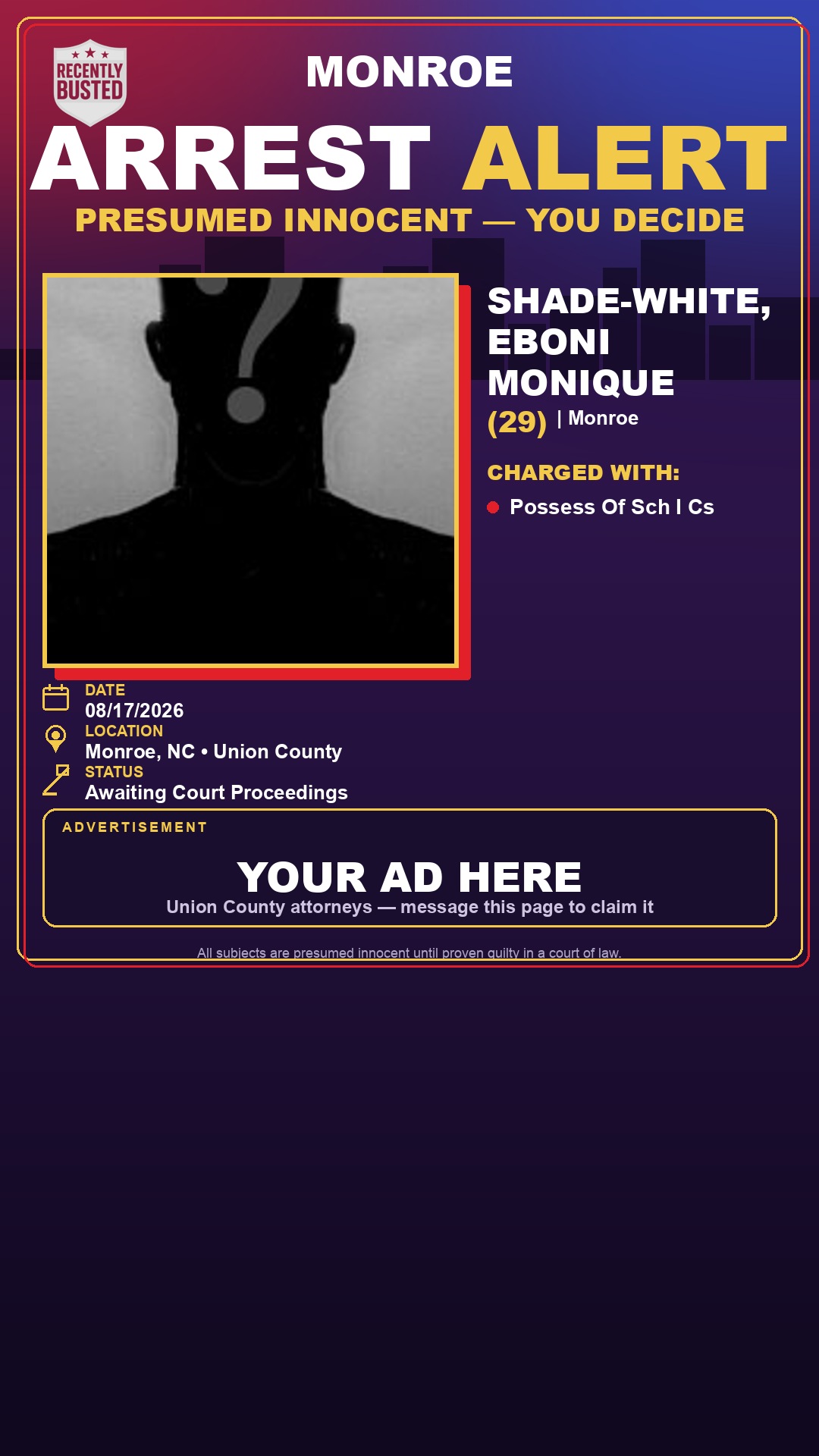 Arrest report - SHADE-WHITE, EBONI MONIQUE