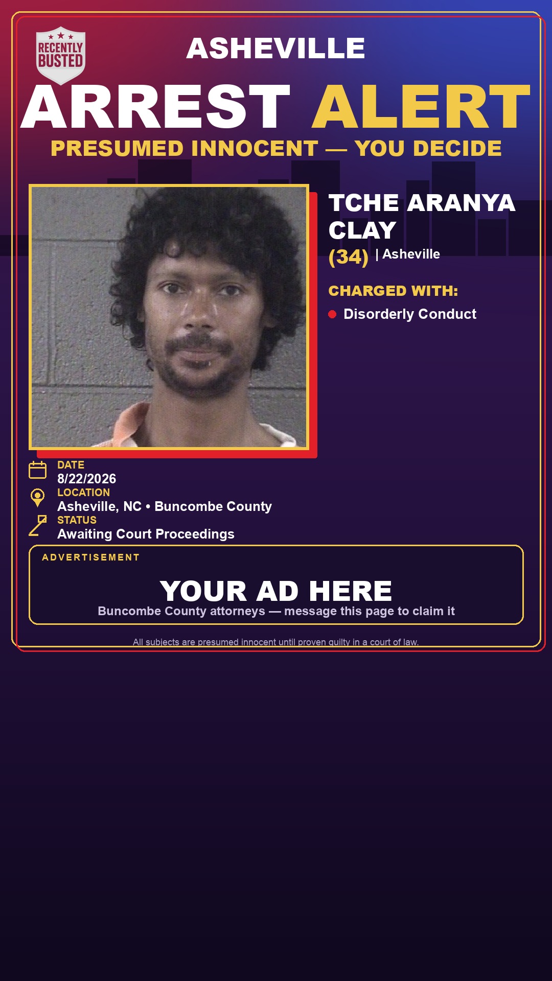 Arrest report - TCHE ARANYA CLAY