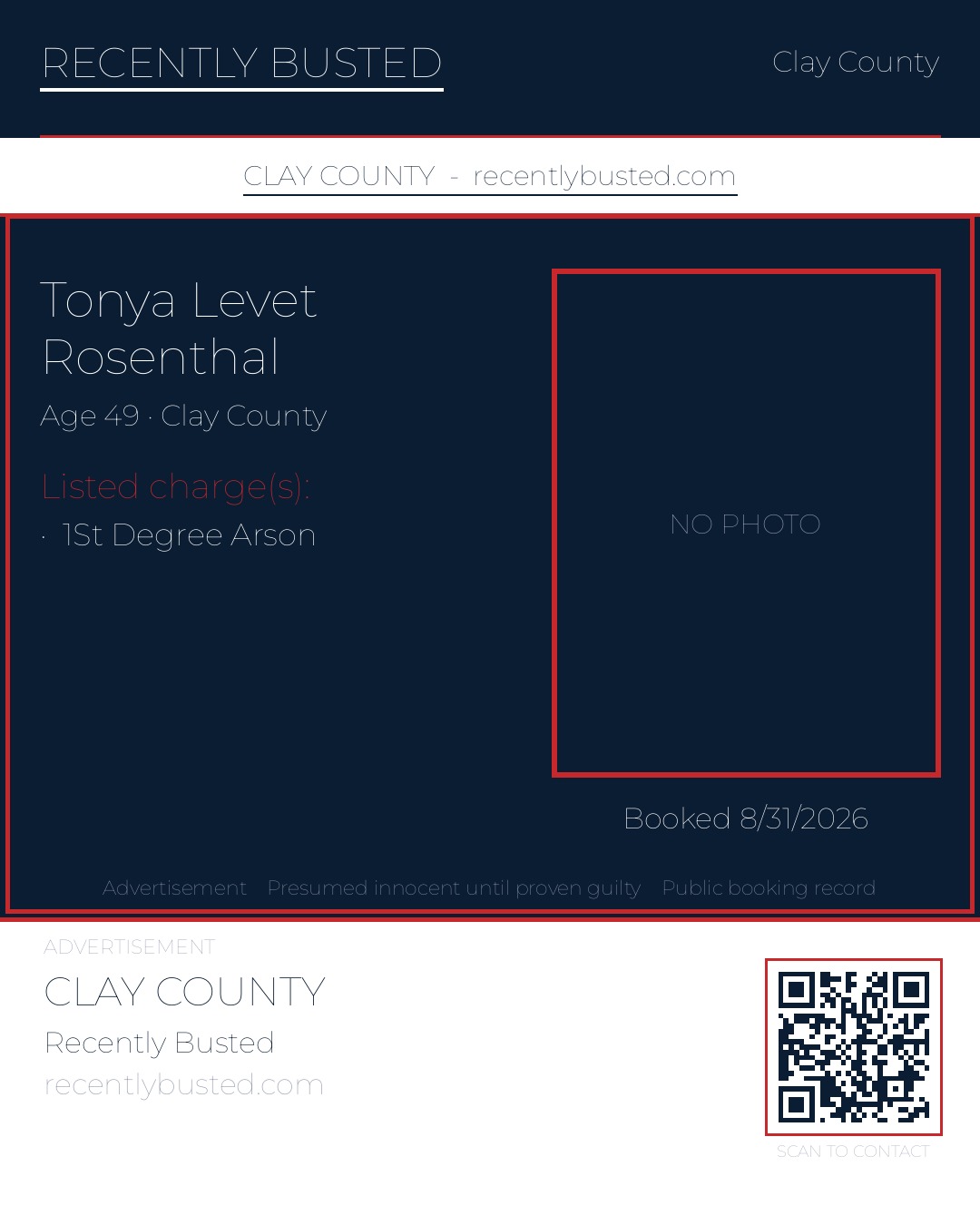 TONYA LEVET ROSENTHAL — arrest record card, Clay County, Florida
