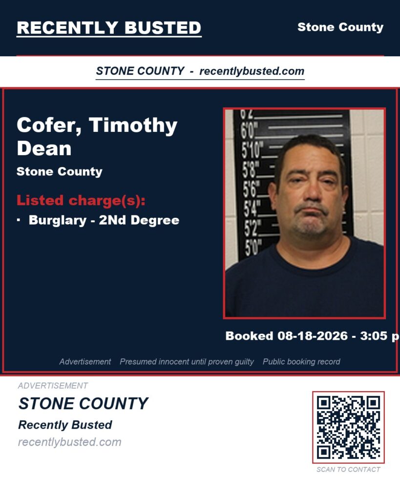 Cofer, Timothy Dean — arrest record card, Stone County