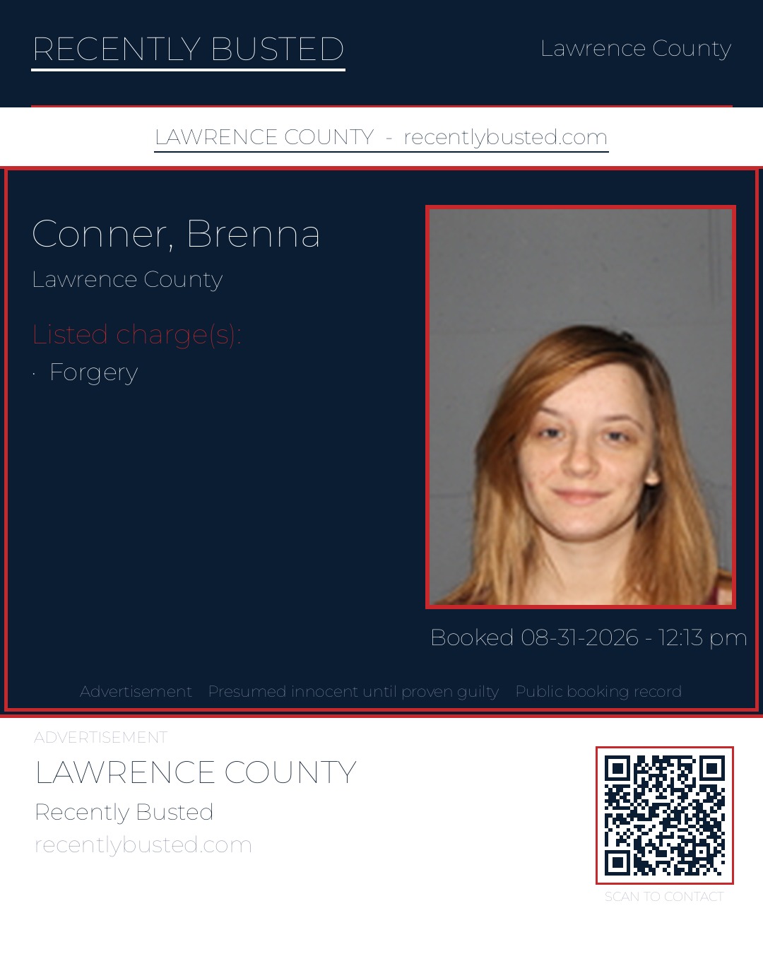 CONNER, BRENNA — arrest record card, Lawrence County
