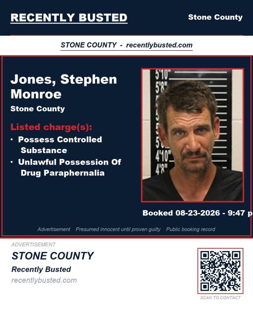 Jones, Stephen Monroe — arrest record card, Stone County