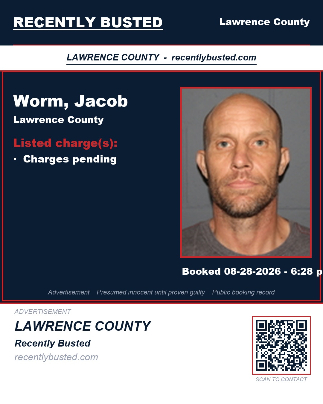WORM, JACOB — arrest record card, Lawrence County