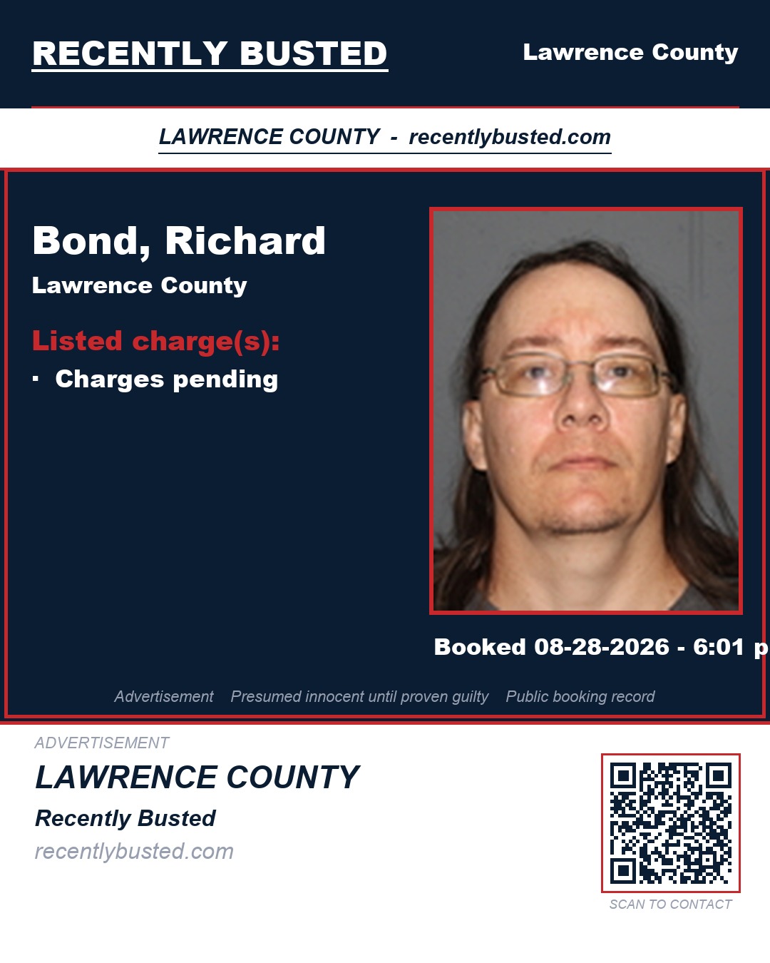 BOND, RICHARD — arrest record card, Lawrence County