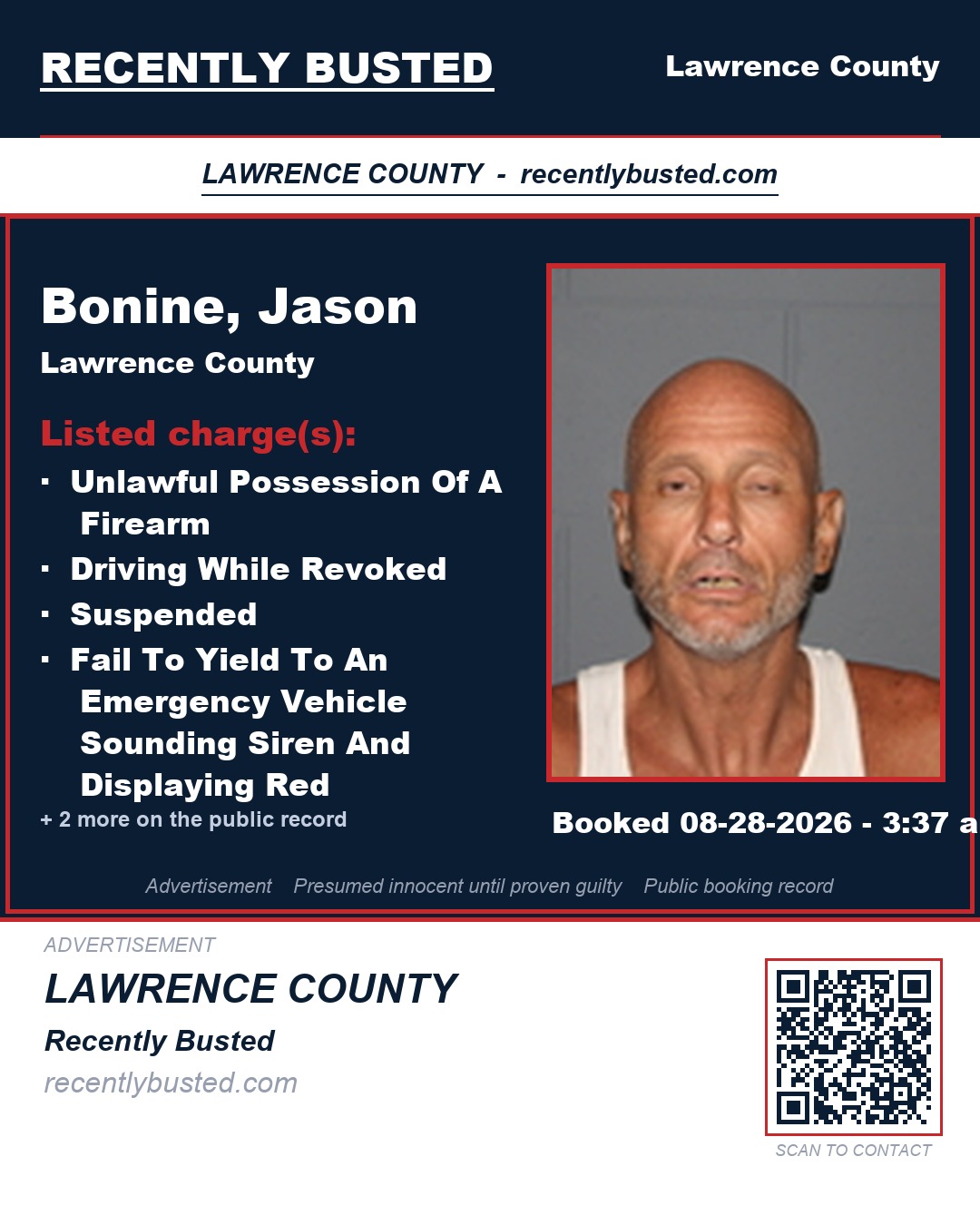 BONINE, JASON — arrest record card, Lawrence County