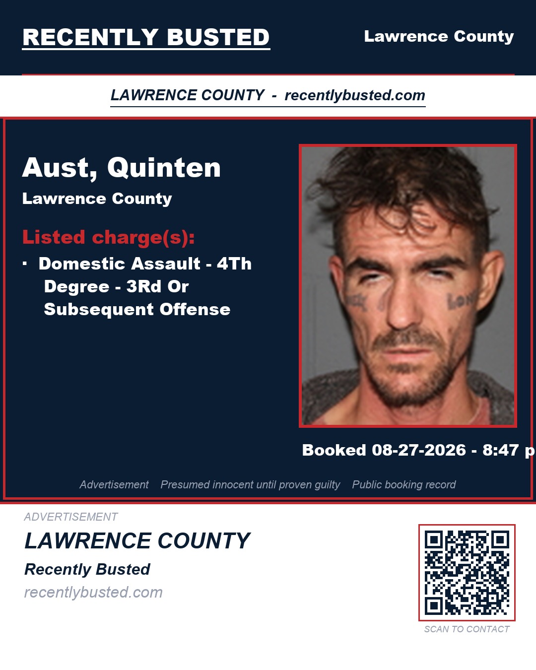 AUST, QUINTEN — arrest record card, Lawrence County