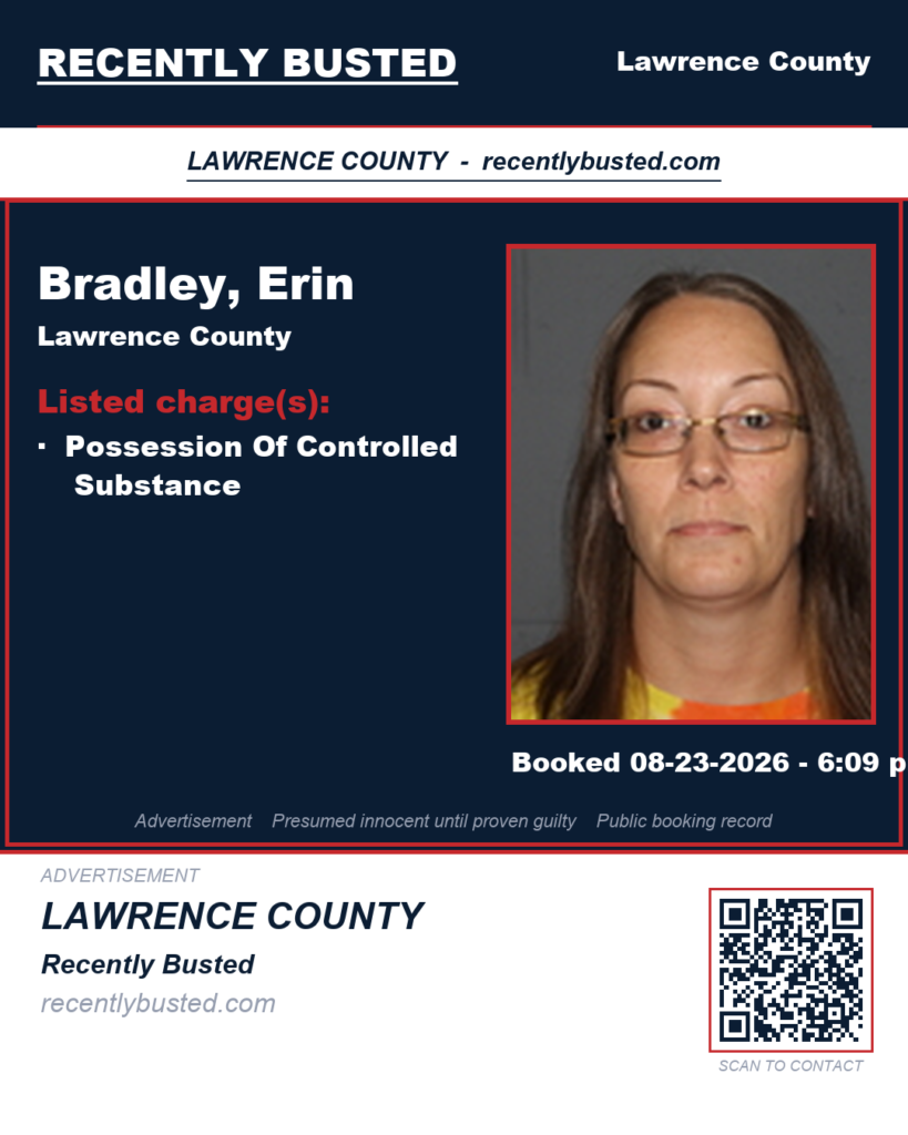 BRADLEY, ERIN — arrest record card, Lawrence County