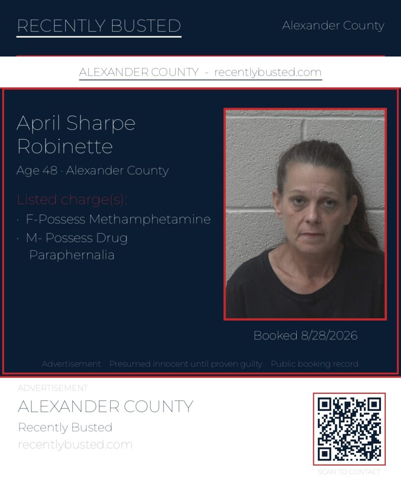 APRIL SHARPE ROBINETTE — arrest record card, Alexander County, North Carolina