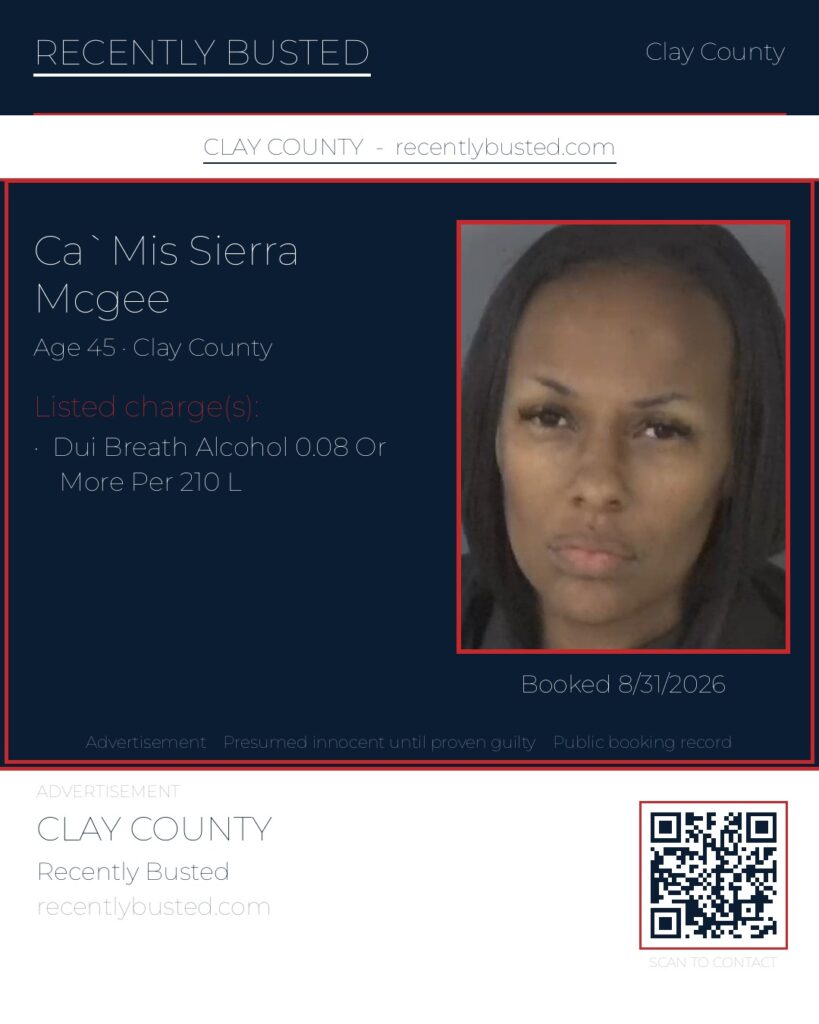 CA`MIS SIERRA MCGEE — arrest record card, Clay County, Florida
