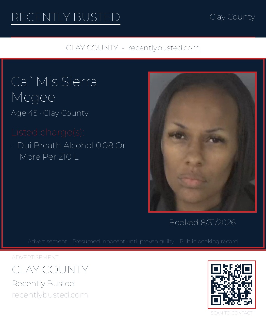 CA`MIS SIERRA MCGEE — arrest record card, Clay County, Florida