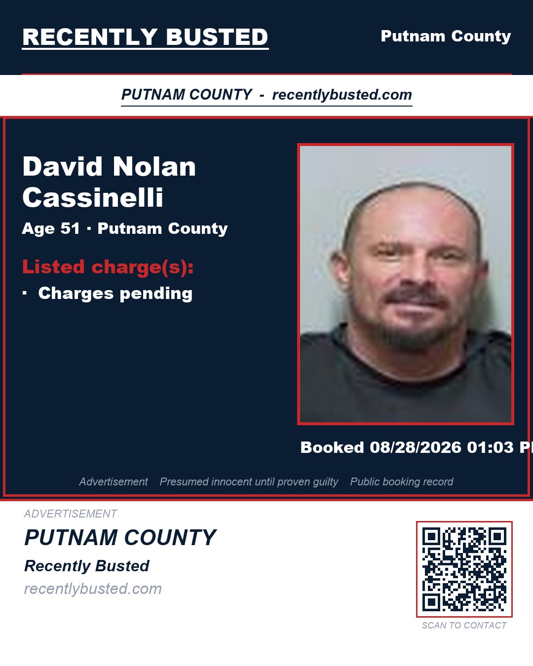 David Nolan Cassinelli — arrest record card, Putnam County, Florida