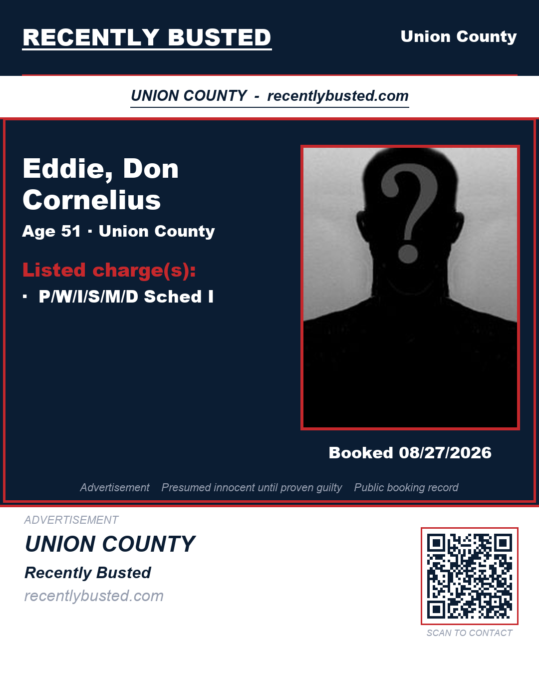 EDDIE, DON CORNELIUS — arrest record card, Union County, North Carolina