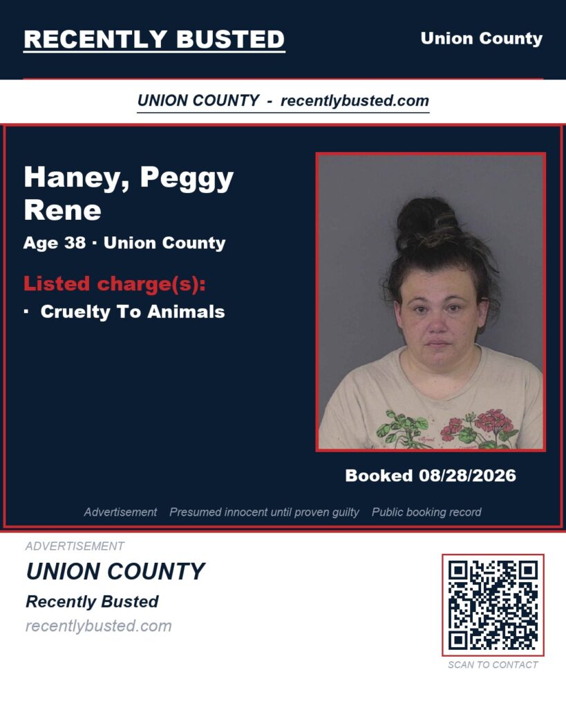 HANEY, PEGGY RENE — arrest record card, Union County, North Carolina