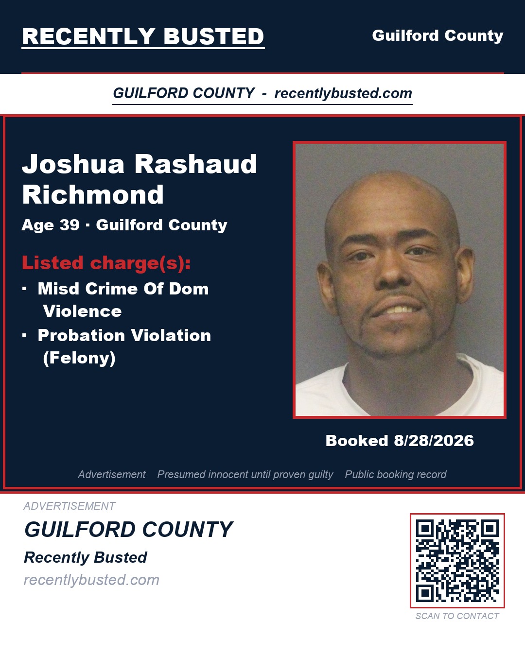 JOSHUA RASHAUD RICHMOND — arrest record card, Guilford County, North Carolina