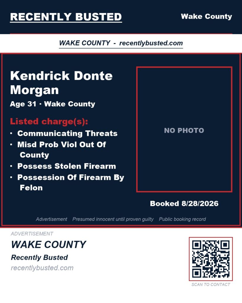 KENDRICK DONTE MORGAN — arrest record card, Wake County, North Carolina