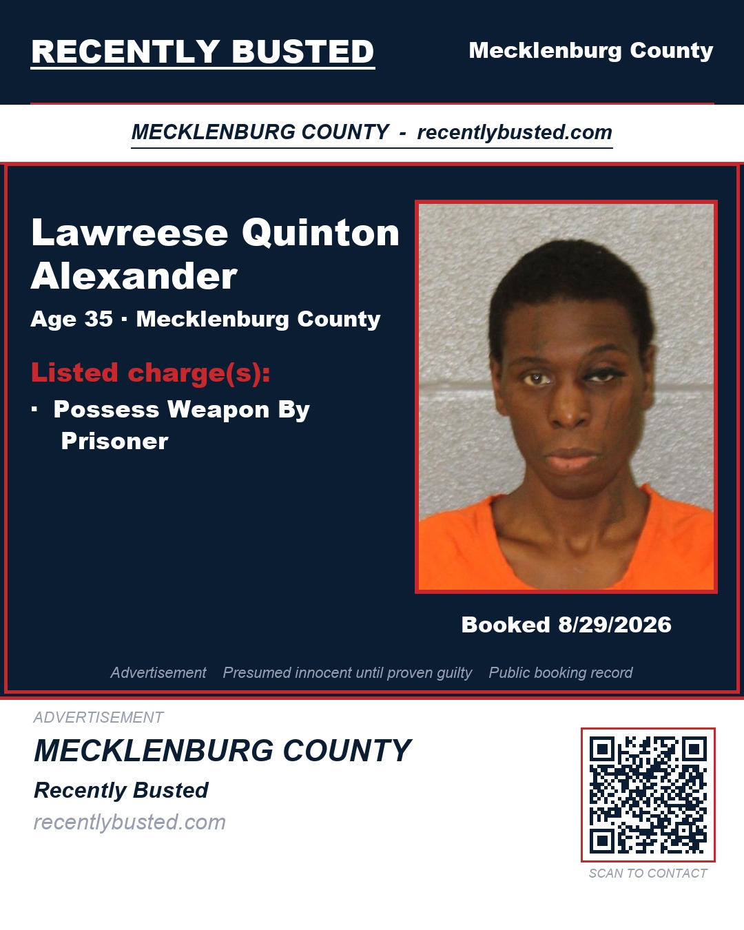LAWREESE QUINTON ALEXANDER — arrest record card, Mecklenburg County, North Carolina