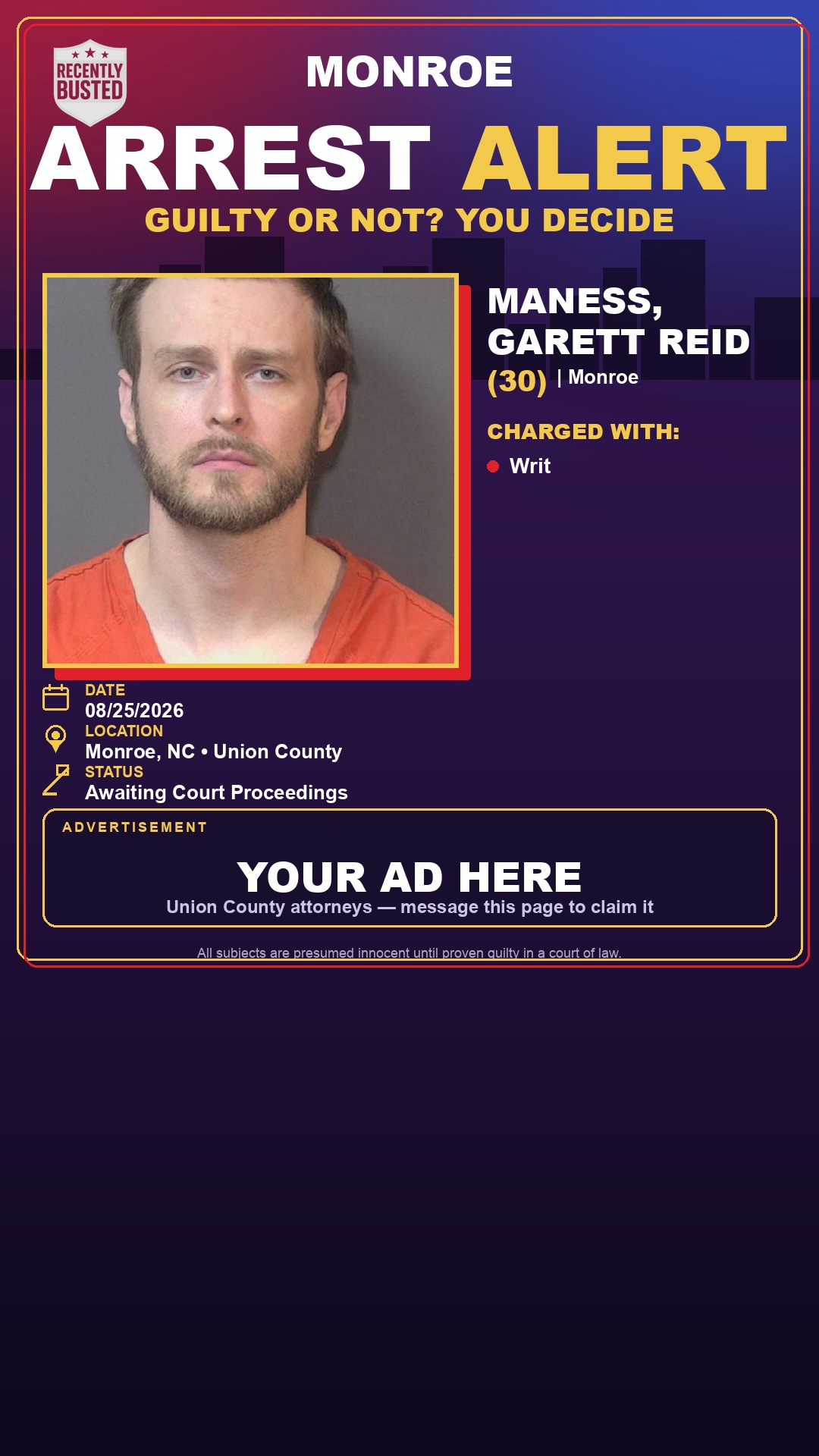 Arrest report - MANESS, GARETT REID