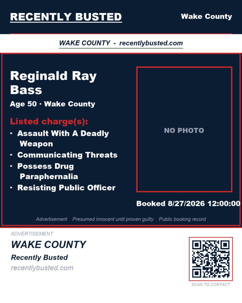 REGINALD RAY BASS — arrest record card, Wake County, North Carolina