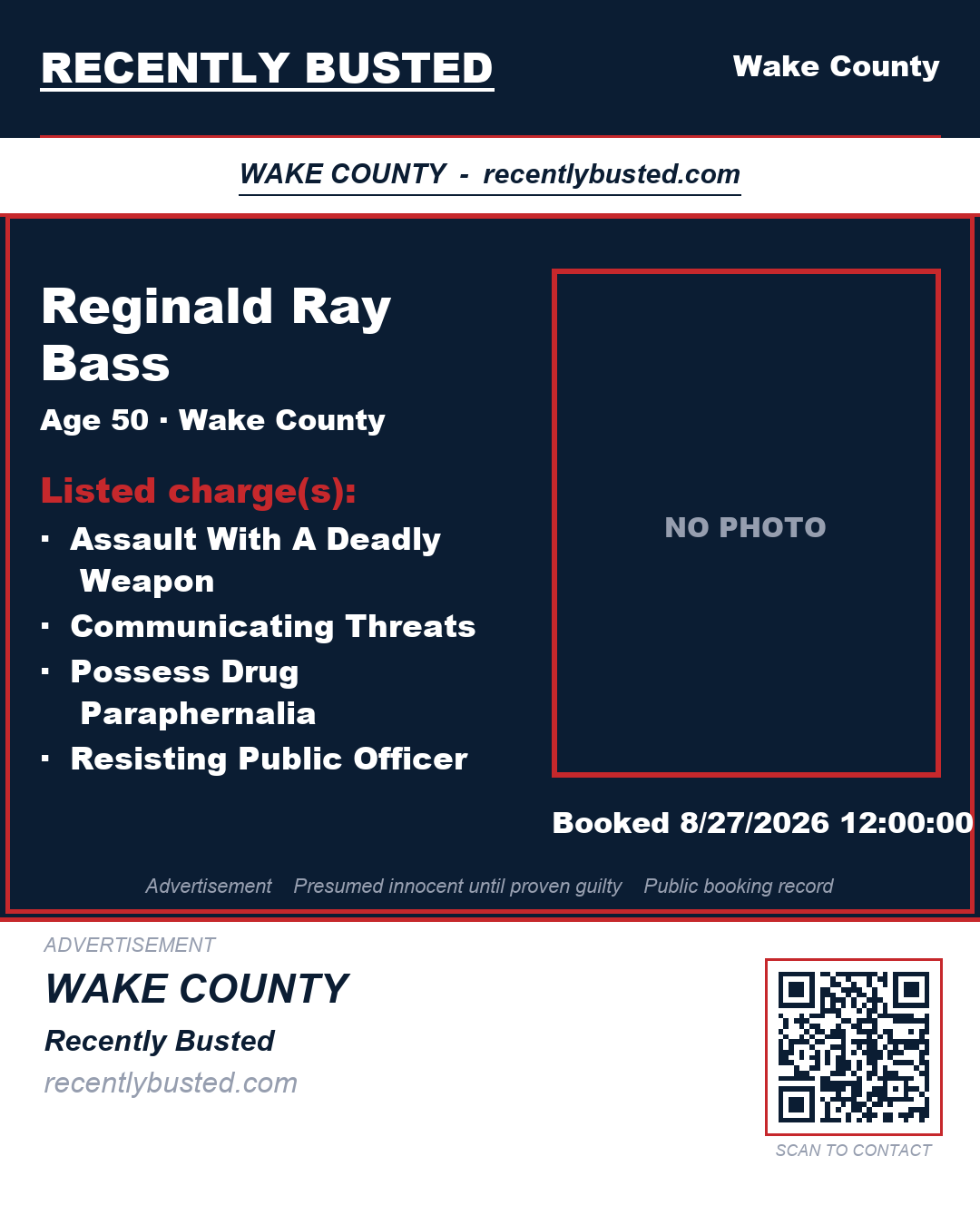 REGINALD RAY BASS — arrest record card, Wake County, North Carolina