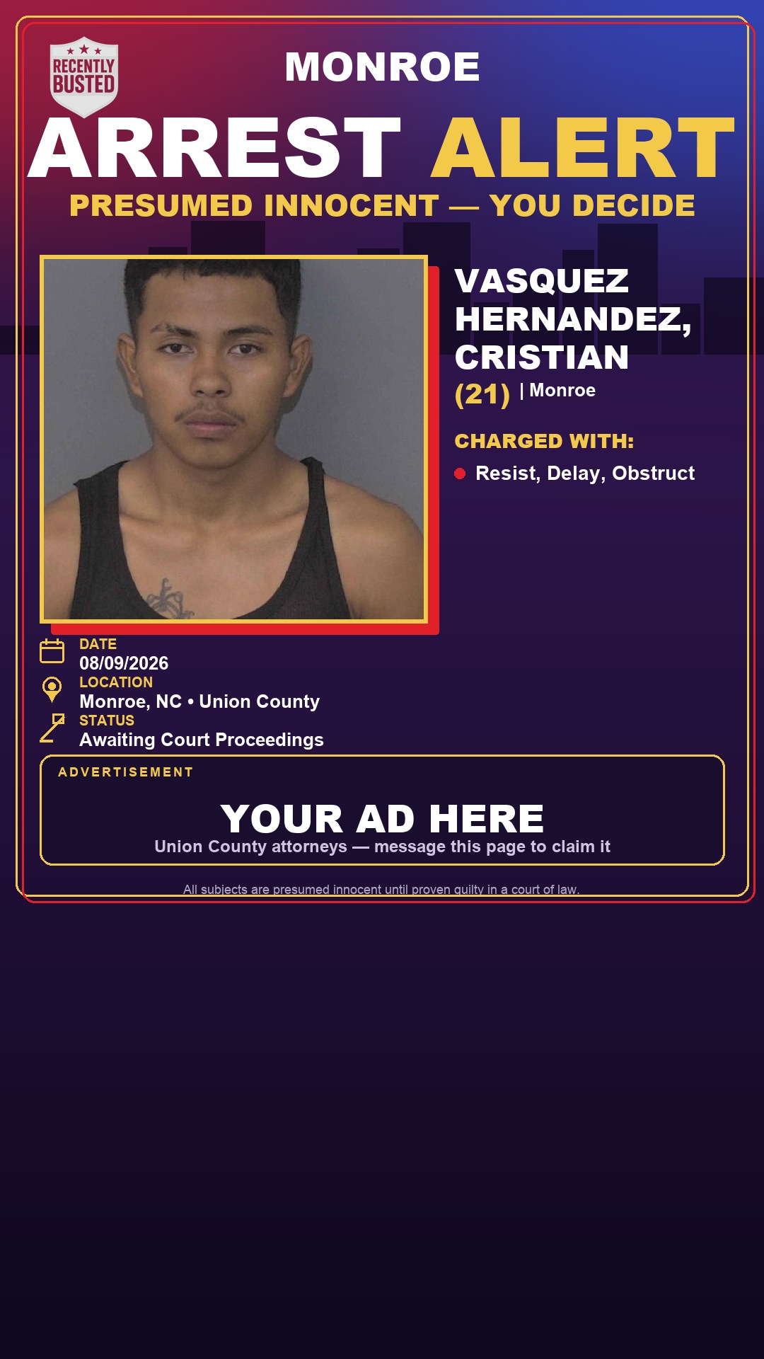 Arrest report - VASQUEZ HERNANDEZ, CRISTIAN