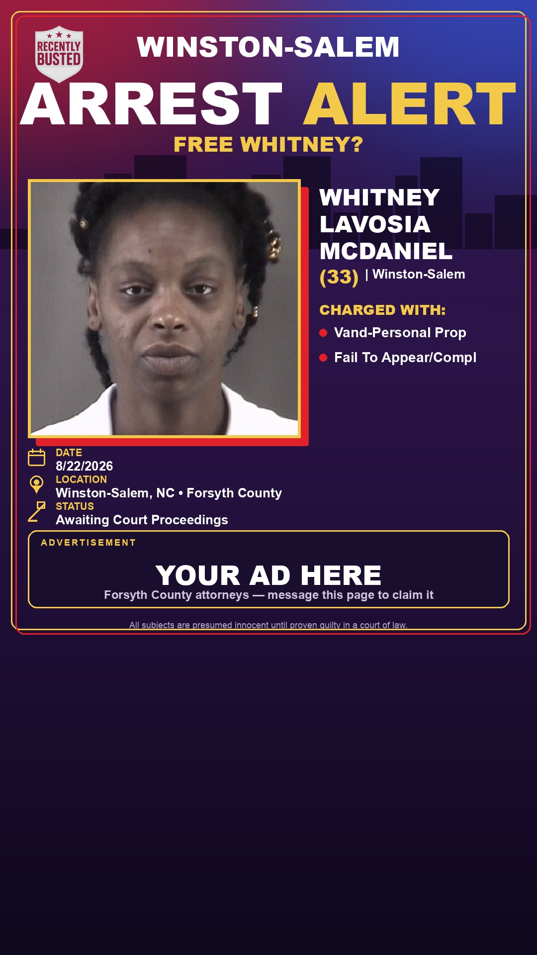 Arrest report - WHITNEY LAVOSIA MCDANIEL
