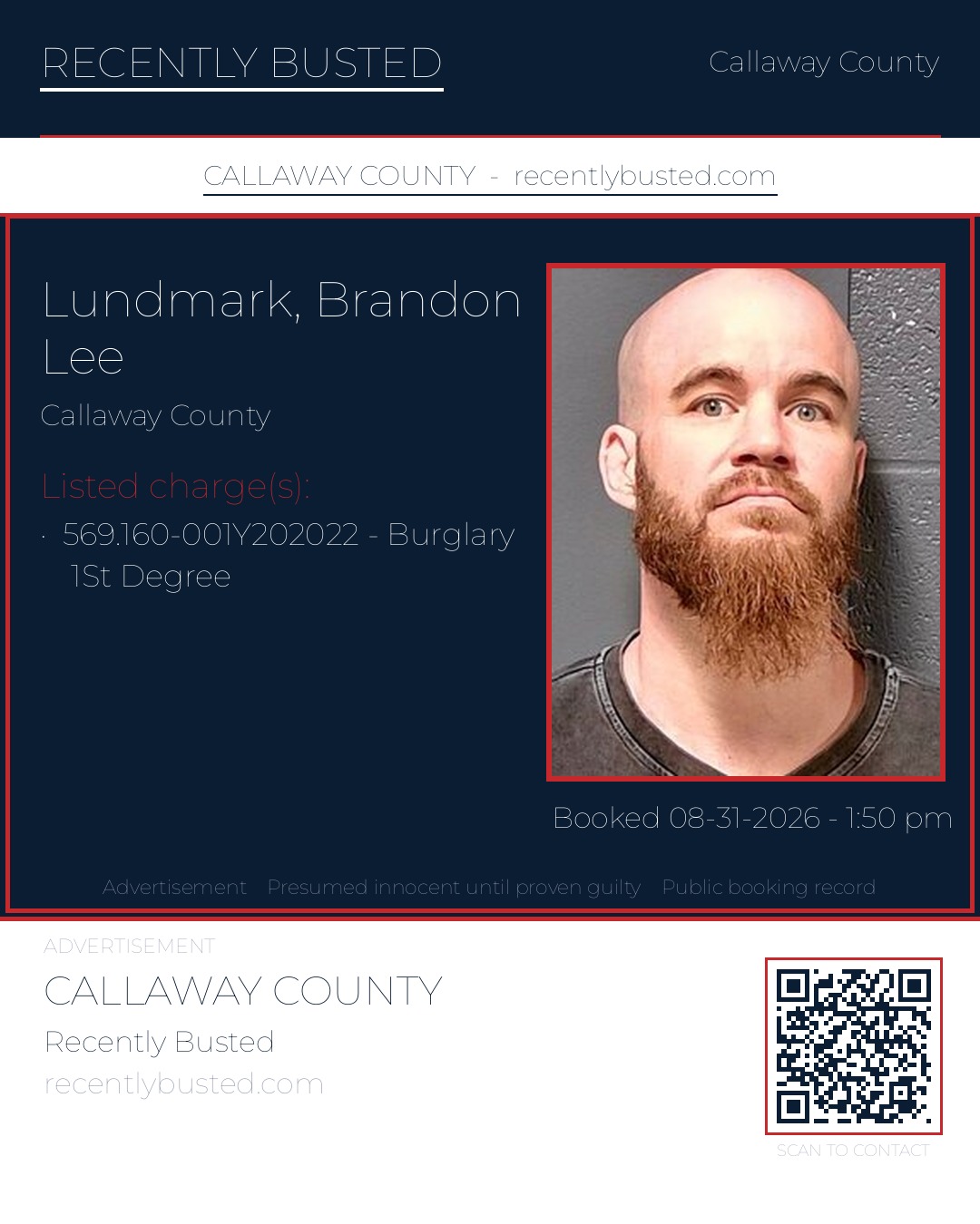 Lundmark, Brandon Lee — arrest record card, Callaway County