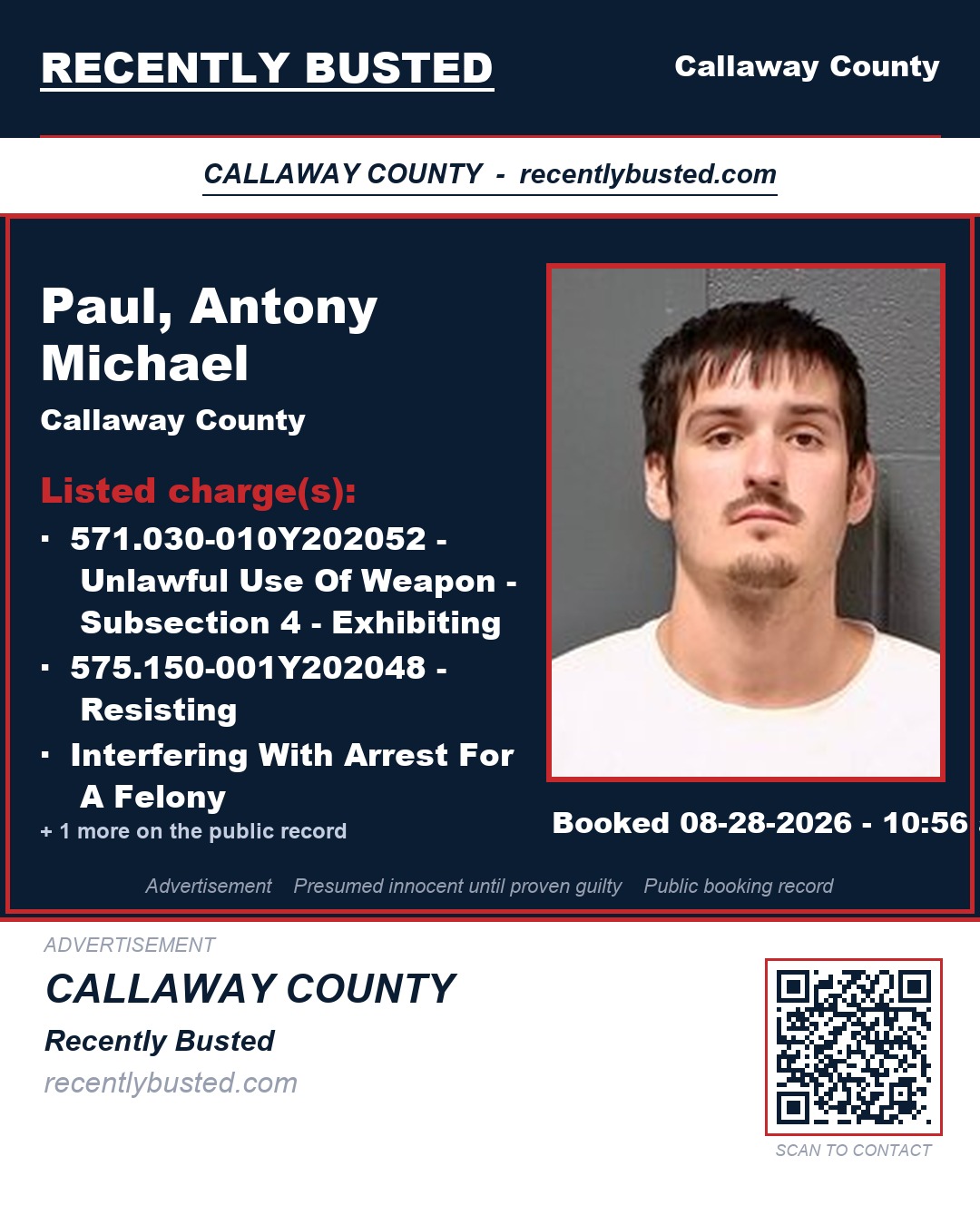 Paul, Antony Michael — arrest record card, Callaway County