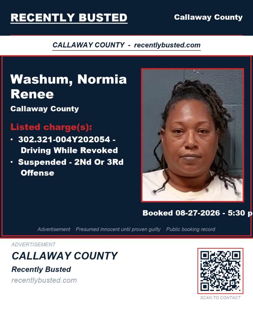 Washum, Normia Renee — arrest record card, Callaway County