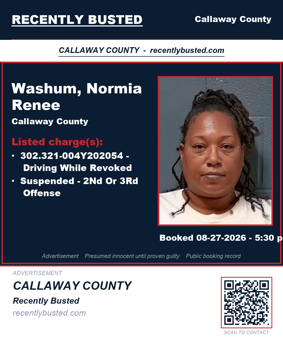 Washum, Normia Renee — arrest record card, Callaway County