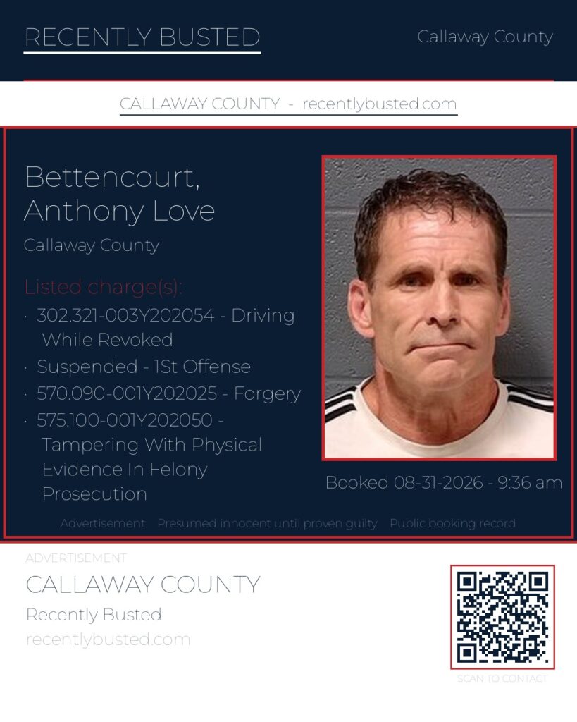 Bettencourt, Anthony Love — arrest record card, Missouri