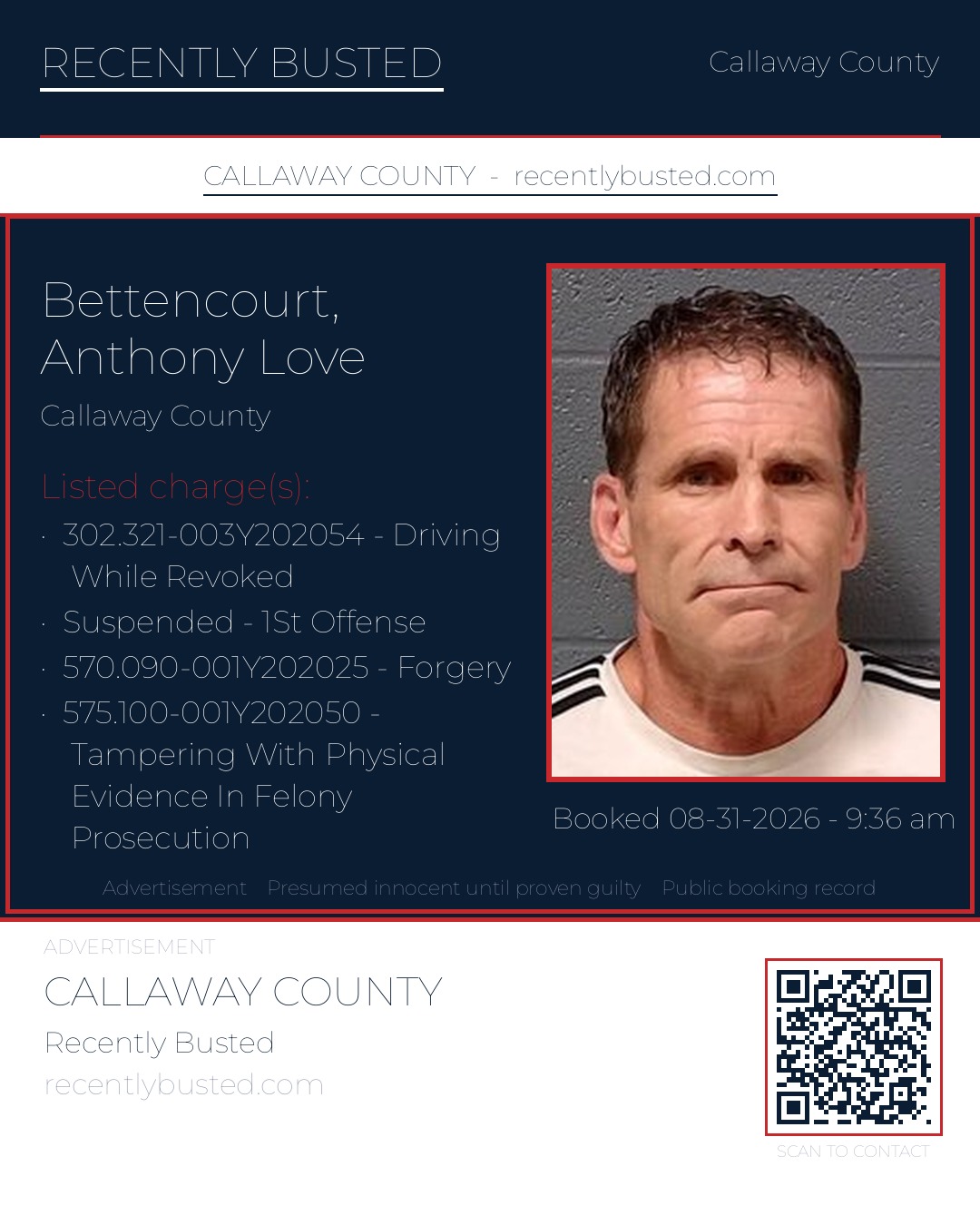 Bettencourt, Anthony Love — arrest record card, Callaway County