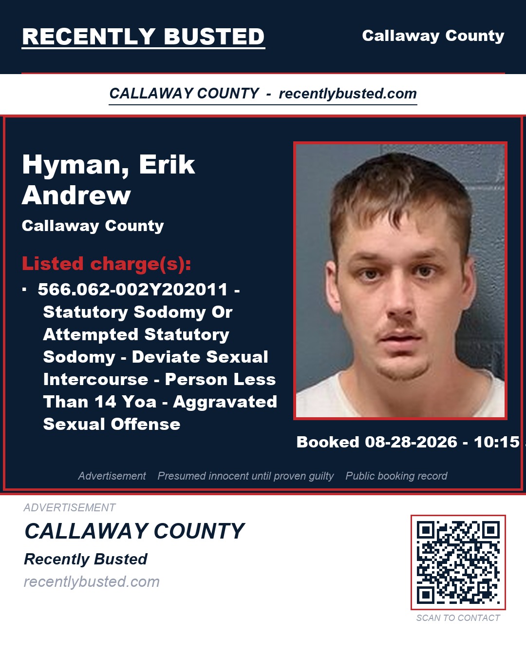 Hyman, Erik Andrew — arrest record card, Callaway County