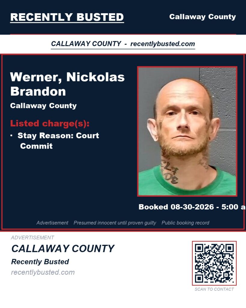 Werner, Nickolas Brandon — arrest record card, Missouri
