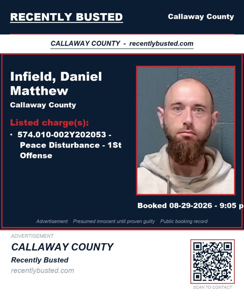 Infield, Daniel Matthew — arrest record card, Missouri