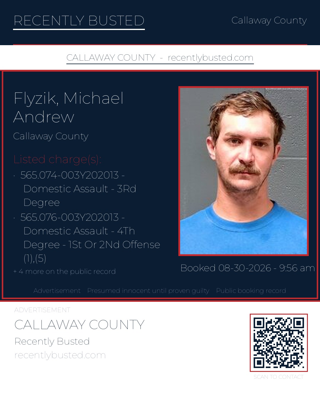 Flyzik, Michael Andrew — arrest record card, Callaway County