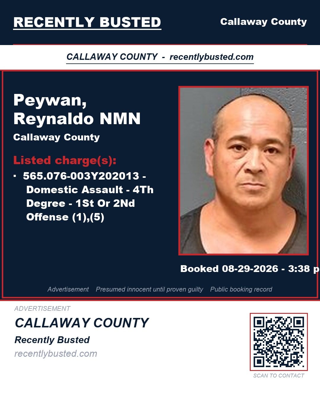Peywan, Reynaldo NMN — arrest record card, Callaway County