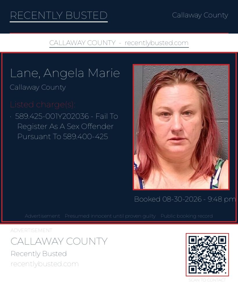 Lane, Angela Marie — arrest record card, Missouri