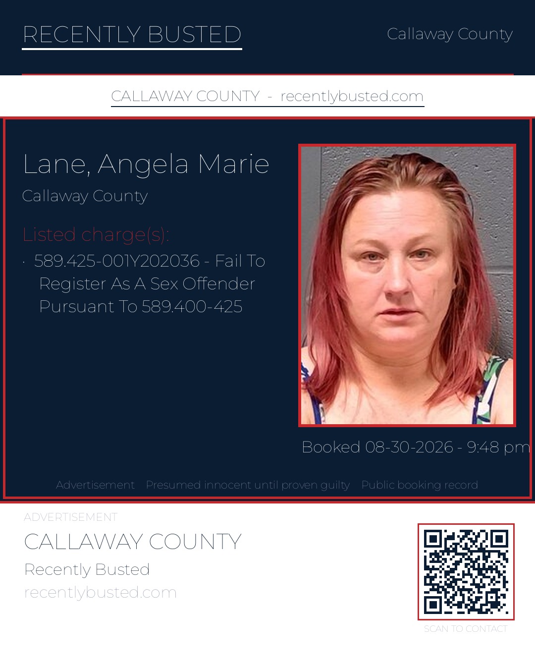 Lane, Angela Marie — arrest record card, Callaway County