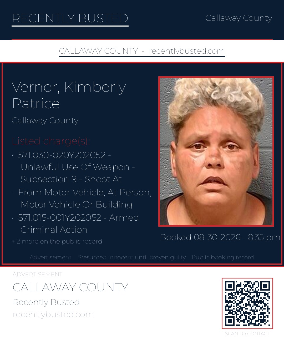 Vernor, Kimberly Patrice — arrest record card, Callaway County