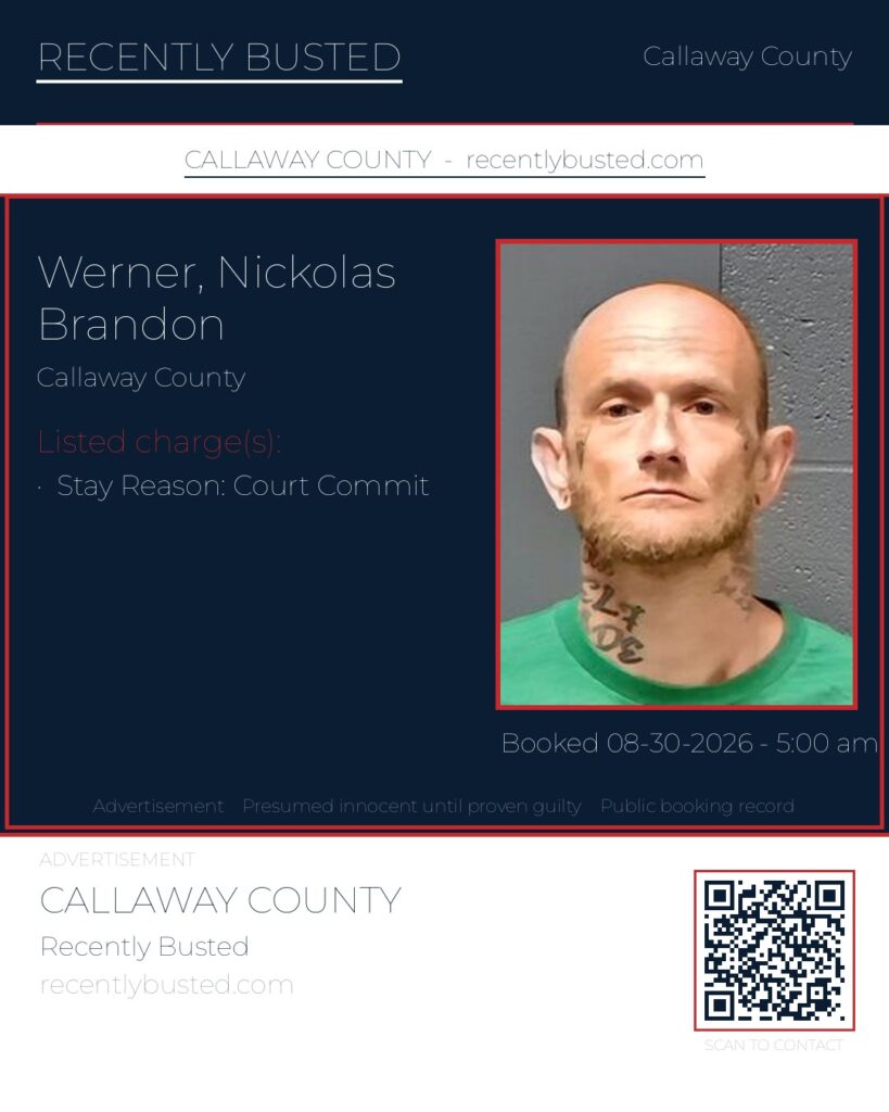 Werner, Nickolas Brandon — arrest record card, Missouri