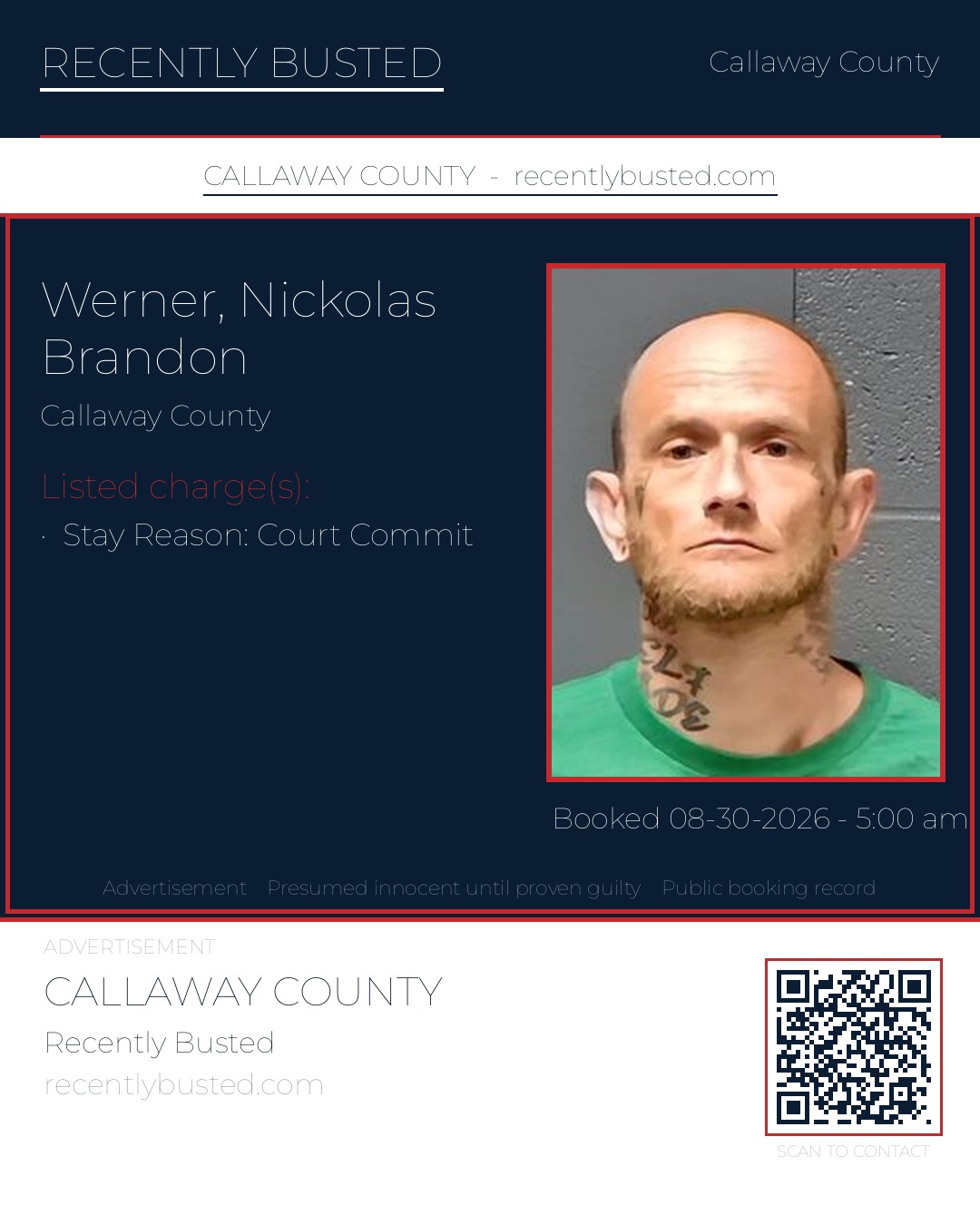Werner, Nickolas Brandon — arrest record card, Callaway County