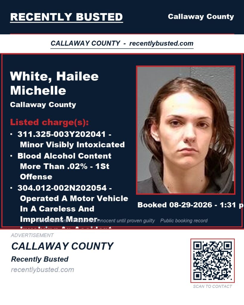 White, Hailee Michelle — arrest record card, Missouri
