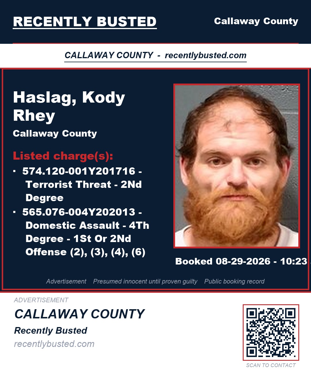 Haslag, Kody Rhey — arrest record card, Callaway County
