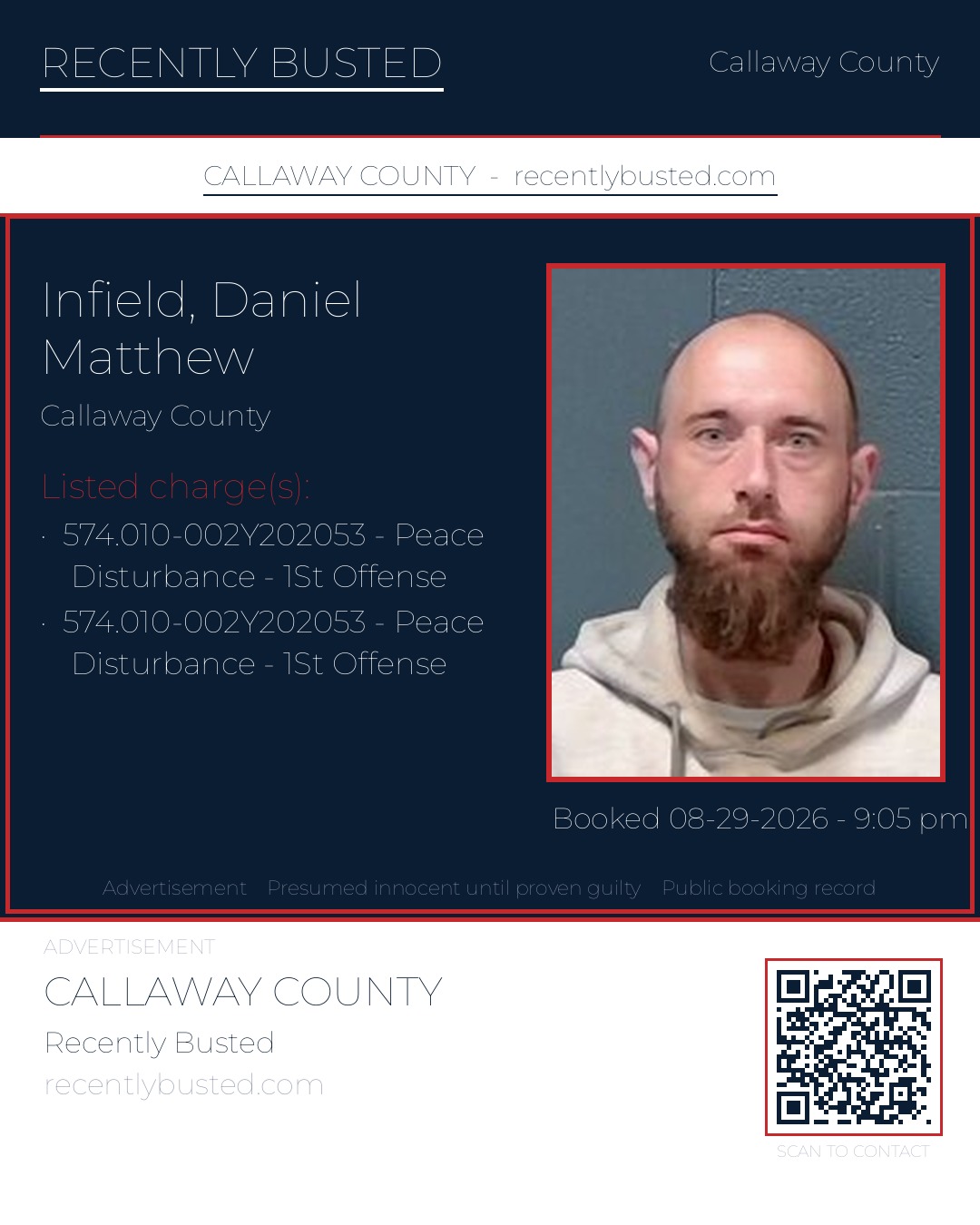 Infield, Daniel Matthew — arrest record card, Callaway County